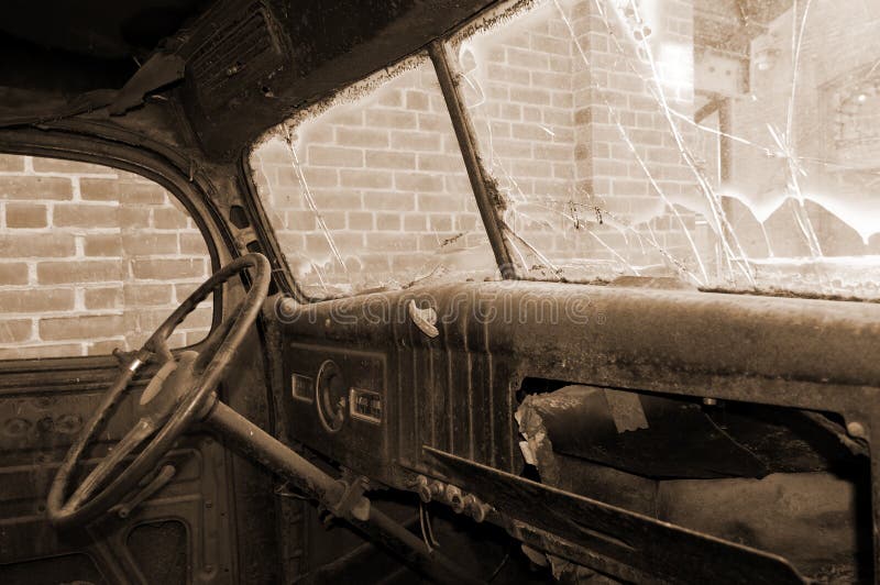 Grunge truck cab interior in sepia