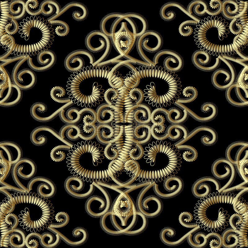 Grunge gold 3d vintage seamless pattern. Vector tapestry patterned background. Hand drawn damask ornaments. Surface embroidery style texture. Ornamental textured design for wallpapers, fabric, prints. Grunge gold 3d vintage seamless pattern. Vector tapestry patterned background. Hand drawn damask ornaments. Surface embroidery style texture. Ornamental textured design for wallpapers, fabric, prints