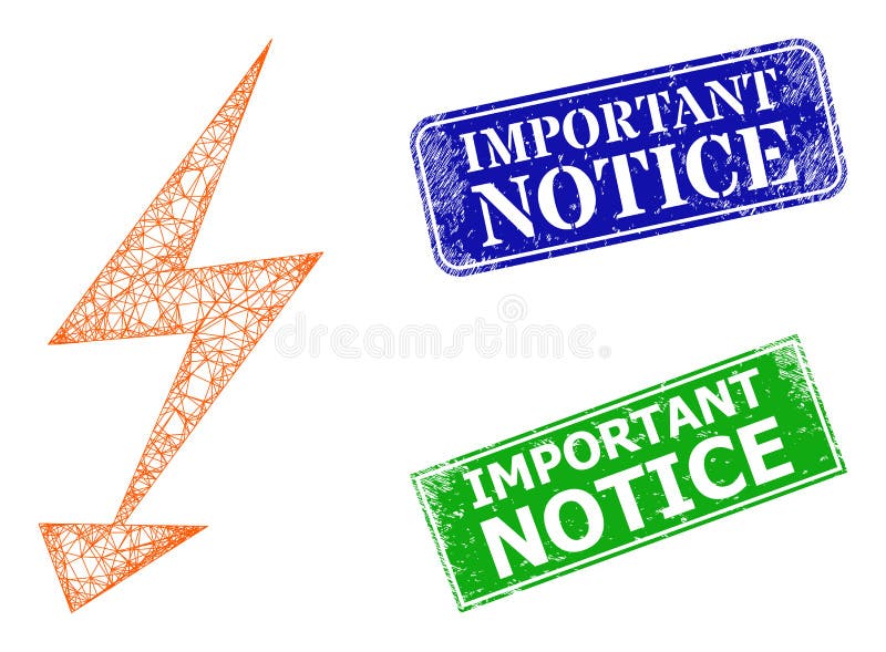Grunged Important Notice Stamps and Polygonal Mesh Electric Arrow Icon stock illustration