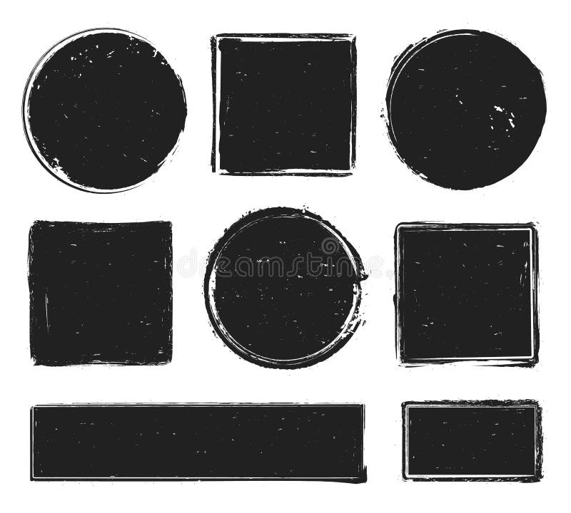 Grunge texture stamp. Circle label, square frame with grunge textures and post rubber stamps prints or distress dirt scratching insignia logo shapes isolated symbol vector collection. Grunge texture stamp. Circle label, square frame with grunge textures and post rubber stamps prints or distress dirt scratching insignia logo shapes isolated symbol vector collection