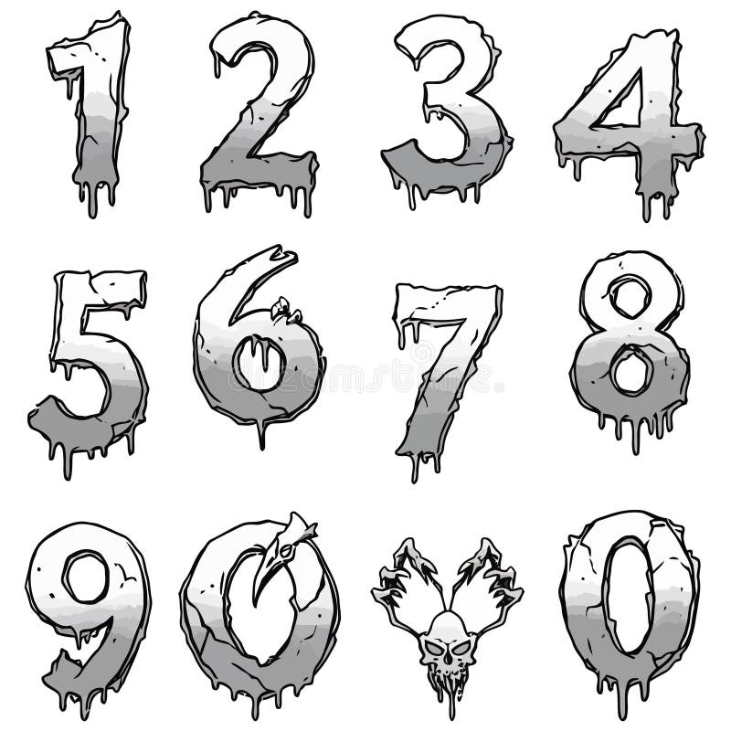 Grungy Melted and Cracked Numerals with Skull Element stock illustration