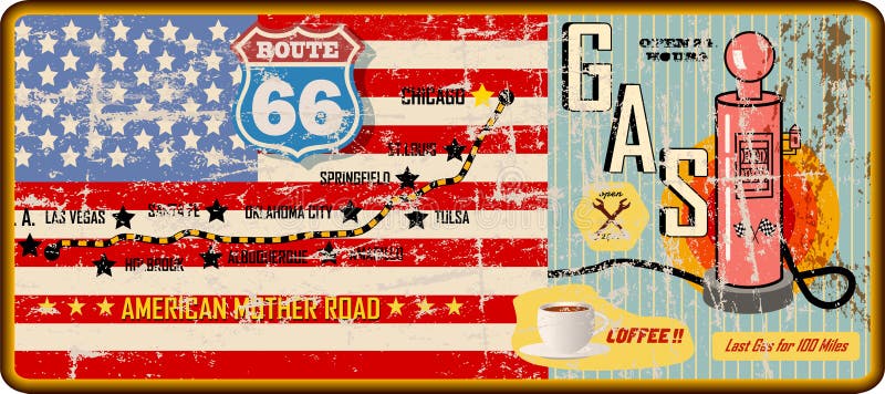 Grungy route 66 gas station sign and road map,retro grungy vector royalty free illustration Grungy route 66 gas station sign and road map,retro grungy vector royalty free illustration