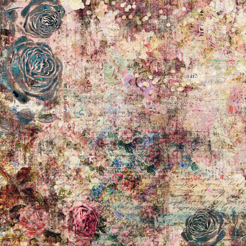 Grungy schäbiger schicker künstlerischer abstrakter grafischer Hintergrund der böhmischen Zigeunerantiken mit Blumenweinlese mit