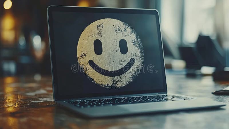 Grungy smiley face on laptop screen in cafe stock illustration