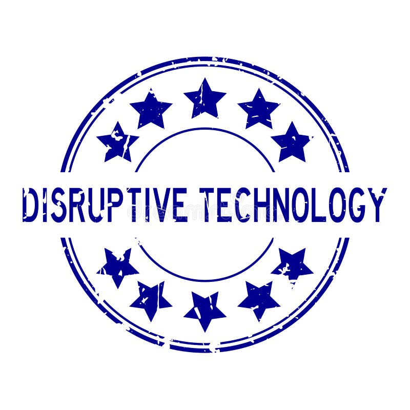 Grunz blue disruption technology word cu stea pictogramă rotund simbol pe fond alb royalty free illustration