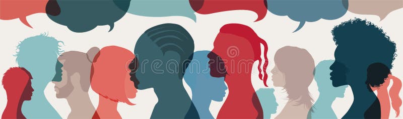Grup de dialog pentru diverse persoane multietnice multiculturale. vorbirea și împărtășirea ideilor mulțimii care vorbesc despre c vector illustration