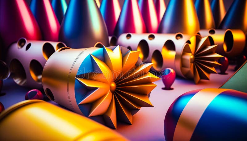 Grup de obiecte metalice colorate pe fond violet. ai generativ stock illustration