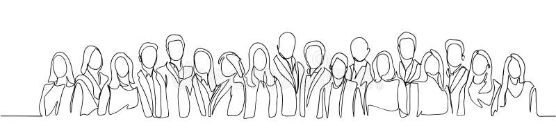 Grup de persoane care desenează continuu un vector cu o linie. prieteni de familie caractere desenate manual. mulțimi care stau în royalty free illustration