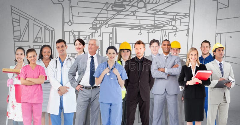 Grup de persoane cu profesii diferite care stau în fața desenului în fabrică vector illustration