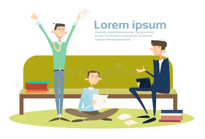 Grup de studenți din lumea afacerilor care se ocupă de afaceri cu autocarul folosind un birou de calculatoare royalty free illustration