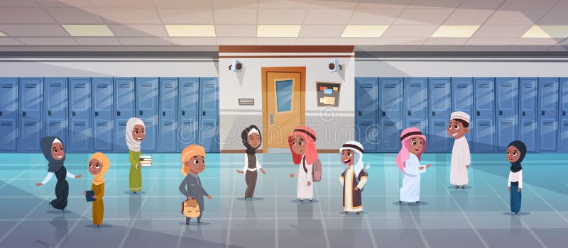 Grupa Arabscy ucznie Chodzi W Szkolnym korytarzu Klasowy pokój, Muzułmańscy ucznie ilustracja wektor Grupa Arabscy ucznie Chodzi W Szkolnym korytarzu Klasowy pokój, Muzułmańscy ucznie ilustracja wektor