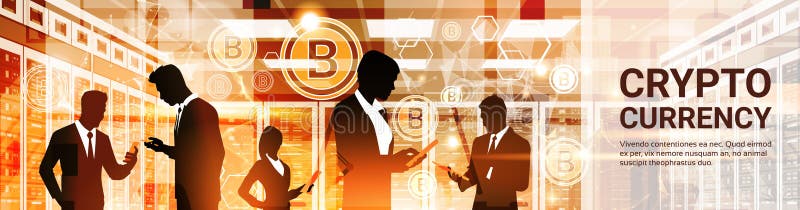 Grupa biznesmen sylwetek Bitcoin waluty pojęcia Cyfrowego sieci pieniądze Crypto technologii Horyzontalny sztandar royalty ilustracja