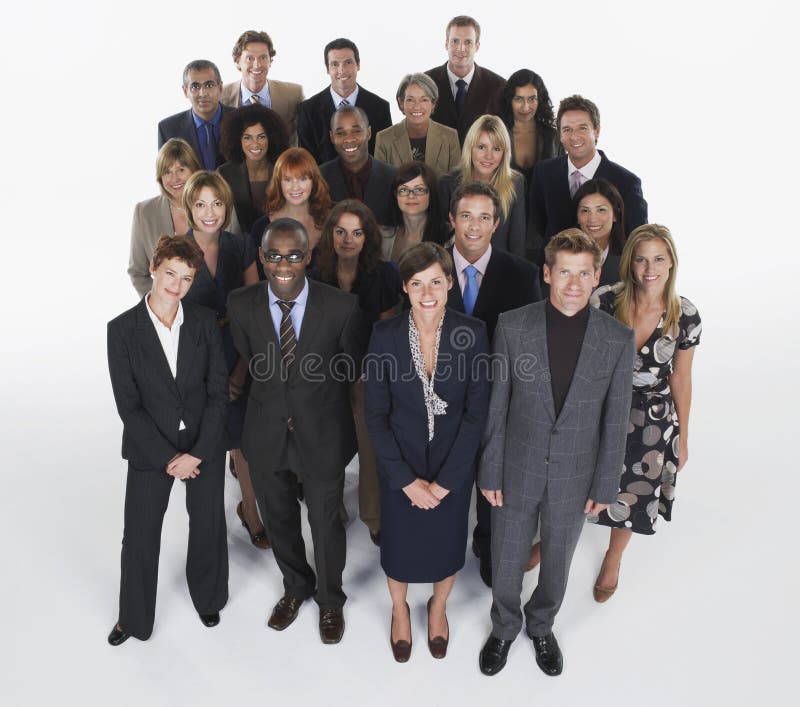 Full length group portrait of multiethnic businesspeople against white background. Full length group portrait of multiethnic businesspeople against white background