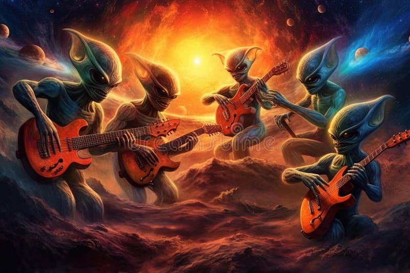 Grupa cudzoziemców grających na koncercie muzycznym za pomocą instrumentów wykonanych w całości z litej mgławicy czarnej dziury ob ilustracji