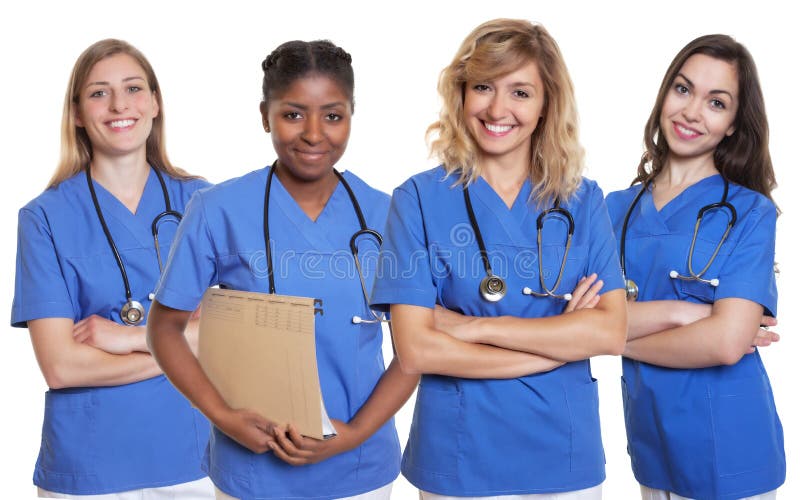 Group of four nurses on an isolated white background for cut out. Group of four nurses on an isolated white background for cut out