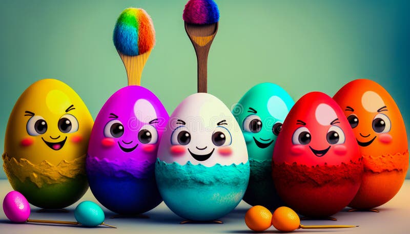 Grupa de ouă colorate cu fețe vopsite pe ele. ai generativ stock illustration