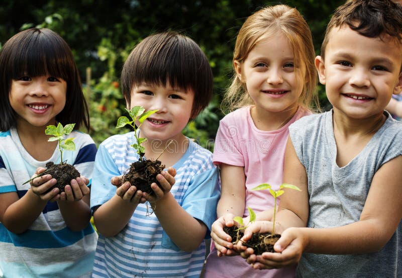 Grupa dzieciniec żartuje przyjaciół uprawia ogródek rolnictwo