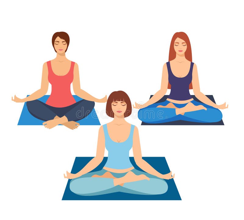 Grupa dziewczyny robi joga w studiu kobiety w lotosowej pozyci Medytować dziewczyny ilustrację Joga kobieta, medytacja, str ilustracji Grupa dziewczyny robi joga w studiu kobiety w lotosowej pozyci Medytować dziewczyny ilustrację Joga kobieta, medytacja, str ilustracji