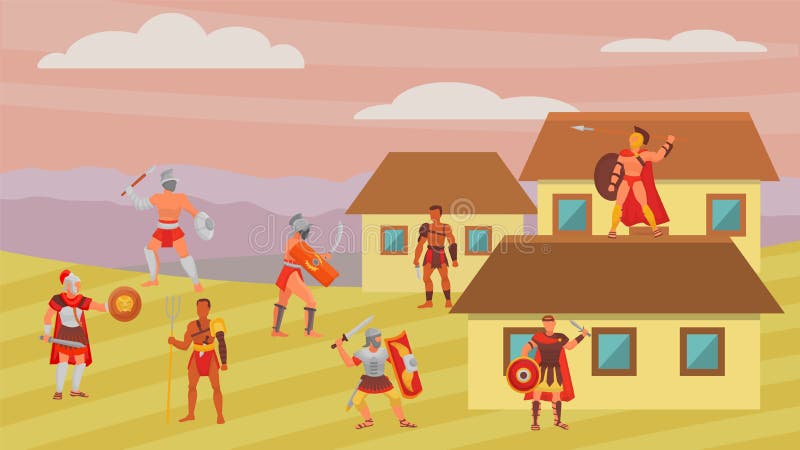 Grupa gladiatorów wojowników na płaskiej ilustracji Grecki starożytny charakter historyczny royalty ilustracja