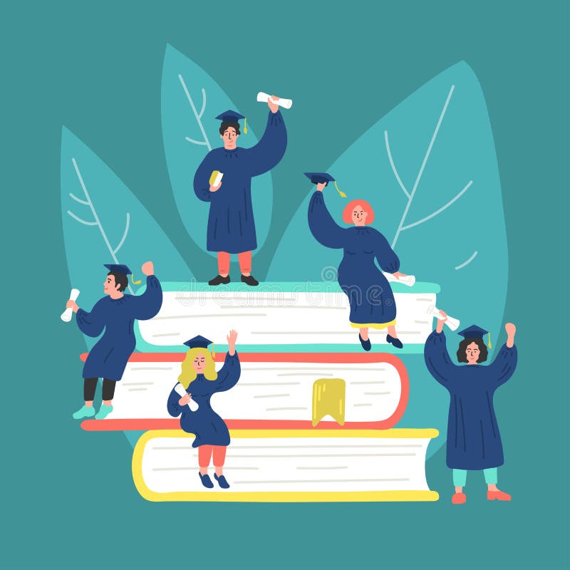 Grupa ko?cz?cy studia ucznie na stercie gigantyczne ksi??ki ilustracja wektor Grupa ko?cz?cy studia ucznie na stercie gigantyczne ksi??ki ilustracja wektor