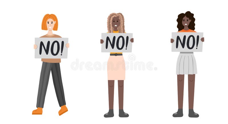 Grupa kobiet protestuje przeciwko przemocy ze względu na płeć. wściekłe dziewczyny trzymające baner z SMS-em. opór cywilny. rysune