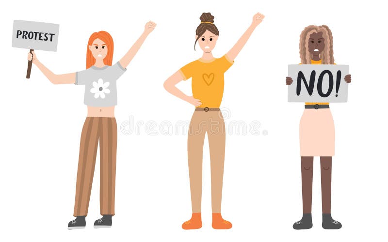 Grupa kobiet protestuje przeciwko przemocy ze względu na płeć. wściekłe dziewczyny w różnych sytuacjach : trzymanie baneru podnosz
