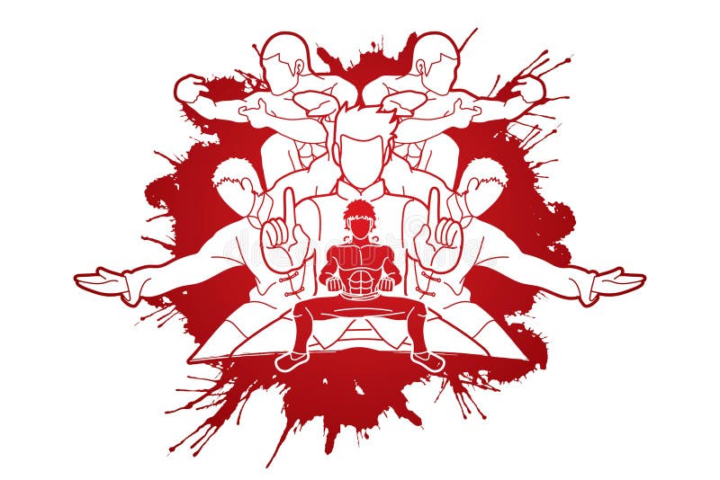 Grupa ludzi pozy kung fu walcząca akcja ilustracji