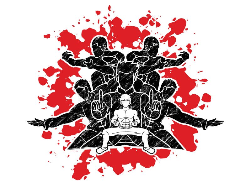 Grupa ludzi pozy kung fu walcząca akcja ilustracja wektor