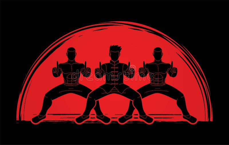 Grupa ludzi pozy kung fu walcząca akcja ilustracji