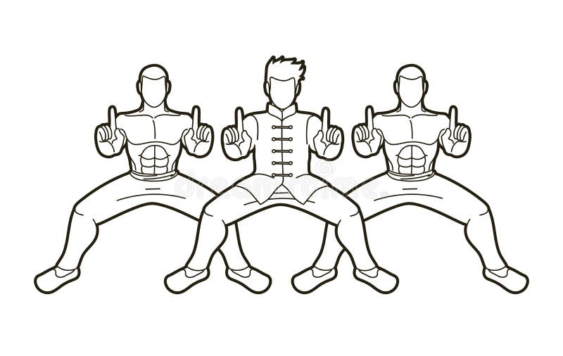 Grupa ludzi pozy kung fu walcząca akcja ilustracja wektor