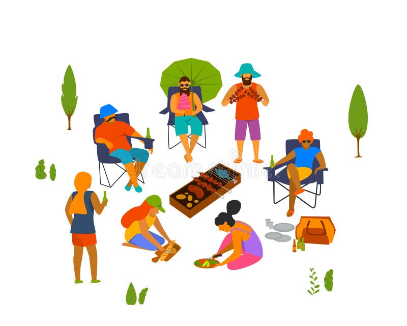Grupa ludzi, przyjaciele piec na grillu robić grillowi, kulinarny narządzania jedzenie plenerowy ilustracji Grupa ludzi, przyjaciele piec na grillu robić grillowi, kulinarny narządzania jedzenie plenerowy ilustracji