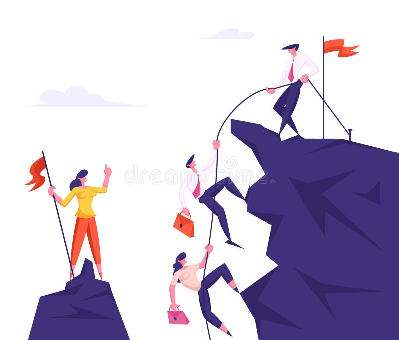 Group of Business People Climbing on Mountain Peak, Leader Pulling Colleagues with Rope, Assistance, Team Work, People Working Together for Goal Achievement Concept Cartoon Flat Vector Illustration. Group of Business People Climbing on Mountain Peak, Leader Pulling Colleagues with Rope, Assistance, Team Work, People Working Together for Goal Achievement Concept Cartoon Flat Vector Illustration