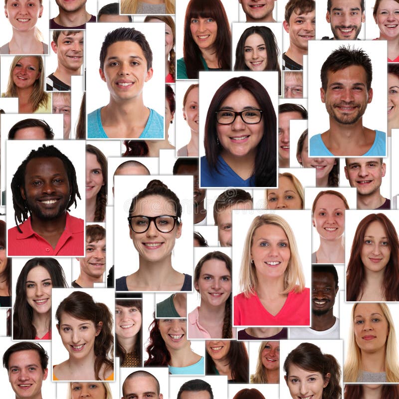 Group of multiracial young smiling smile happy people faces portrait background collage. Group of multiracial young smiling smile happy people faces portrait background collage