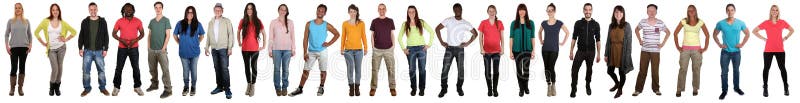 Group of young people smiling happy multicultural multi ethnic full body portrait standing in a row isolated on a white background. Group of young people smiling happy multicultural multi ethnic full body portrait standing in a row isolated on a white background