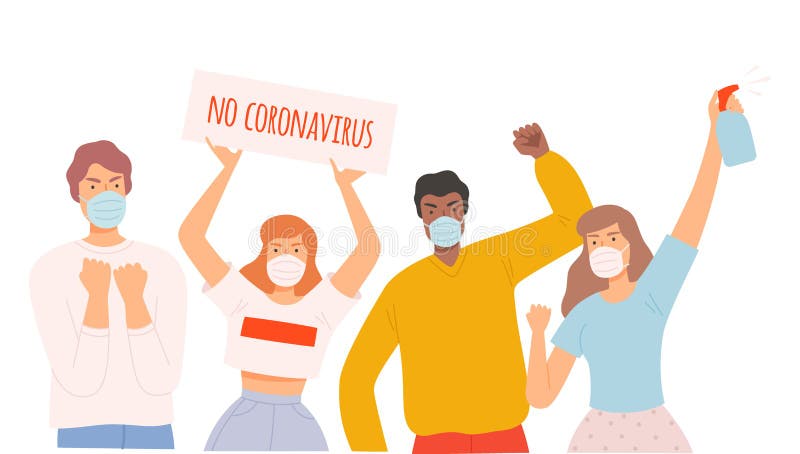 Group of People Wearing Protective Medical Face Masks Protesting against Spread of Coronavirus Cartoon Style Vector Illustration Isolated on White Background. Group of People Wearing Protective Medical Face Masks Protesting against Spread of Coronavirus Cartoon Style Vector Illustration Isolated on White Background.