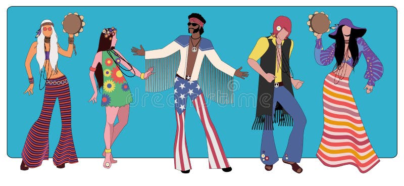 Grupa pięć jest ubranym hipisów ubrań 70s taniec i 60's ilustracji Grupa pięć jest ubranym hipisów ubrań 70s taniec i 60's ilustracji