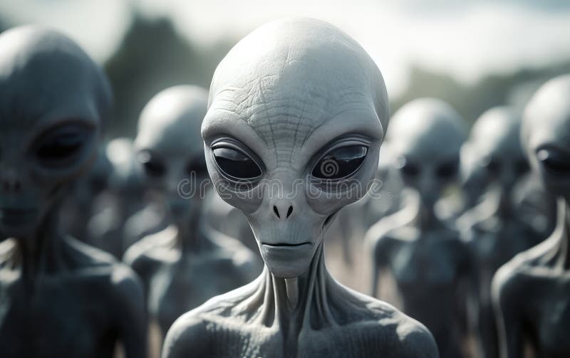 Grupa szarych kosmitów. obce stworzenia na ziemi. kosmici z kosmosu. ilustracji
