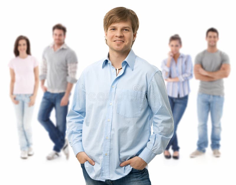 Group of happy young people, smiling men at front, on white background. Group of happy young people, smiling men at front, on white background.