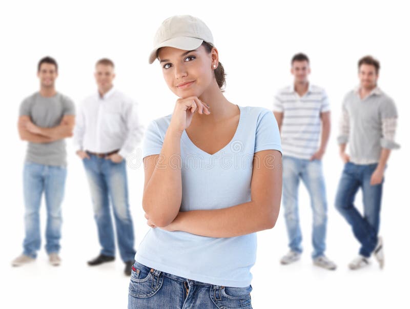 Group of happy young people, smiling women at front, isolated on white background. Group of happy young people, smiling women at front, isolated on white background.