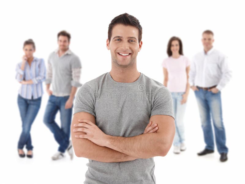 Group of happy young people, smiling men at front, isolated on white background. Group of happy young people, smiling men at front, isolated on white background.