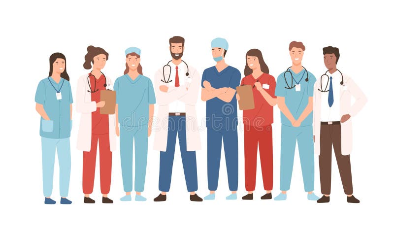 Grupa szpitalny medyczny personel stoi wpólnie Męscy i żeńscy medycyna pracownicy - lekarzi, lekarki, sanitariuszi