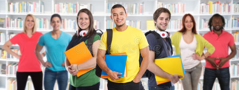 Group of students college student young people studies library learning banner education smiling happy learn. Group of students college student young people studies library learning banner education smiling happy learn