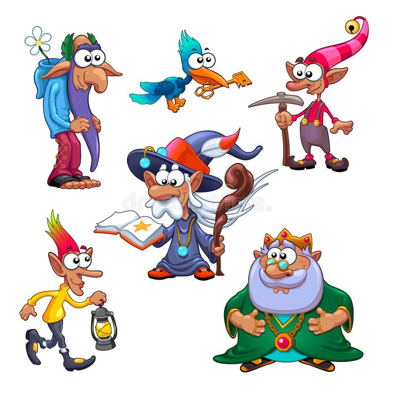 Grupa śmieszni gnomy z ptakiem ilustracji Grupa śmieszni gnomy z ptakiem ilustracji