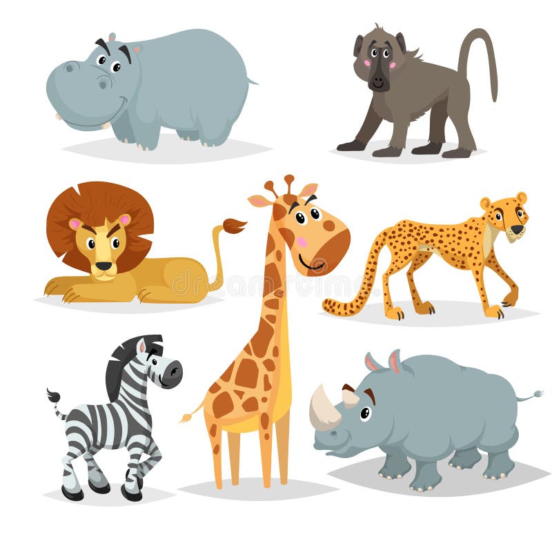 Grupo africano dos desenhos animados dos animais Hipopótamo, macaco do babuíno, leão, girafa, chita, zebra e rinoceronte Coleção