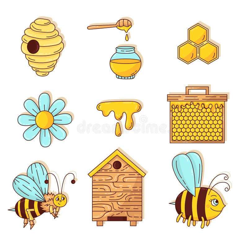 Grupo bonito do vetor dos desenhos animados da garatuja dos ícones da abelha do mel ilustração do vetor Grupo bonito do vetor dos desenhos animados da garatuja dos ícones da abelha do mel ilustração do vetor