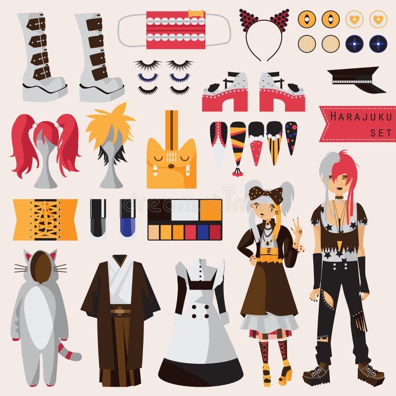 Grupo brilhante com subcultura da forma japonesa da rua do harajuku, pares no estilo visual do kei com os acessórios para cosplay ilustração stock Grupo brilhante com subcultura da forma japonesa da rua do harajuku, pares no estilo visual do kei com os acessórios para cosplay ilustração stock