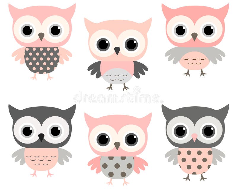 Grupo cor-de-rosa e cinzento bonito do vetor das corujas dos desenhos animados ilustração do vetor Grupo cor-de-rosa e cinzento bonito do vetor das corujas dos desenhos animados ilustração do vetor