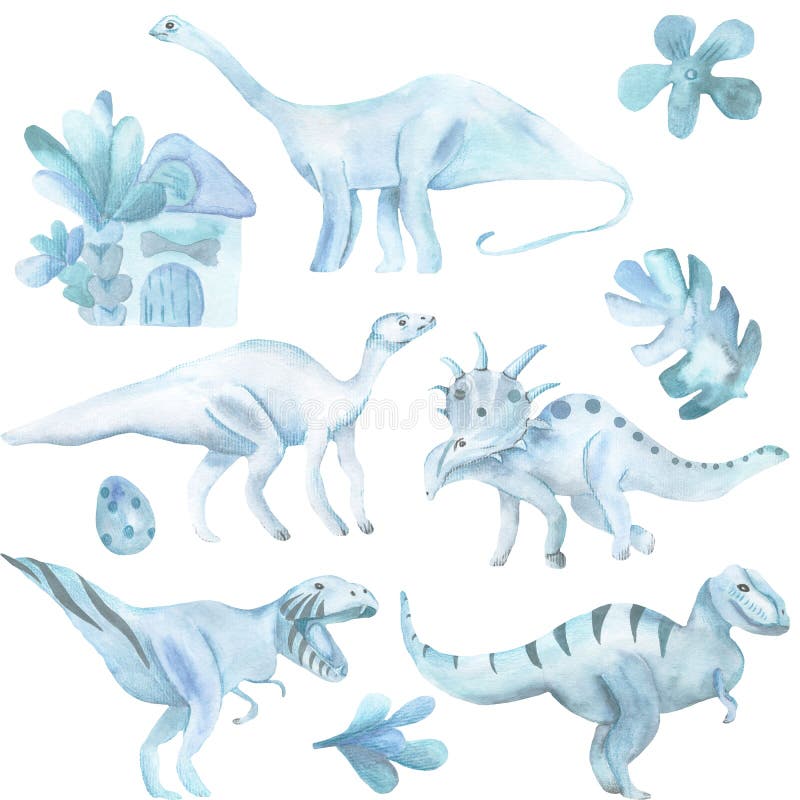 Grupo da aquarela de grande, de dinossauros e de plantas tropicais ilustração stock Grupo da aquarela de grande, de dinossauros e de plantas tropicais ilustração stock