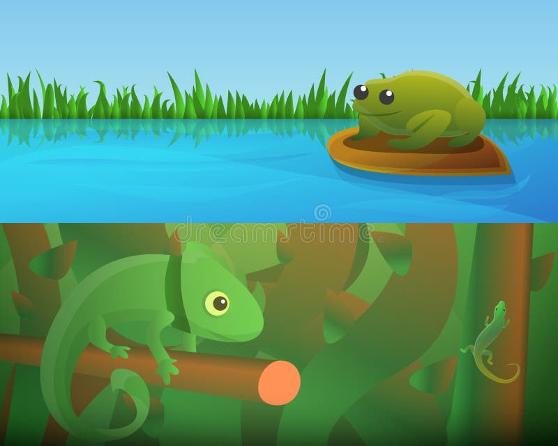 Grupo da bandeira dos anfíbios dos répteis, estilo dos desenhos animados ilustração stock Grupo da bandeira dos anfíbios dos répteis, estilo dos desenhos animados ilustração stock