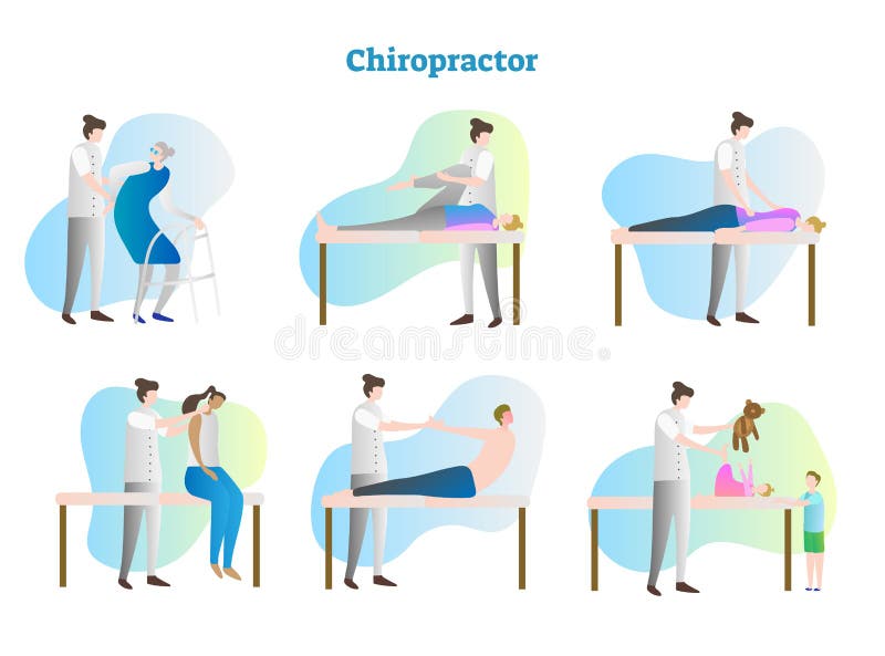 Grupo da coleção da ilustração do vetor do quiroprático Pessoa doente do exame do doutor, do terapeuta, da enfermeira ou do massa ilustração stock Grupo da coleção da ilustração do vetor do quiroprático Pessoa doente do exame do doutor, do terapeuta, da enfermeira ou do massa ilustração stock